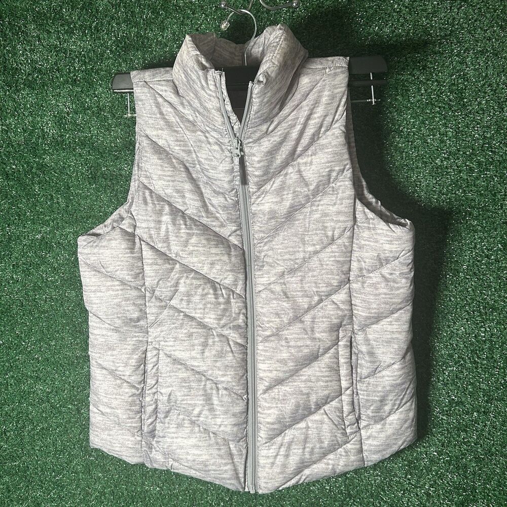 SO Womens Puffer Vest Size L Gray Heather Chevron Quilted Full Zip Sleeveless